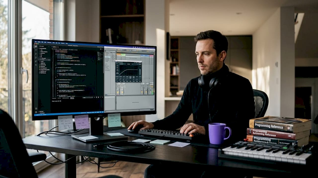 Developer coding VST3 plugin at cluttered home workspace
