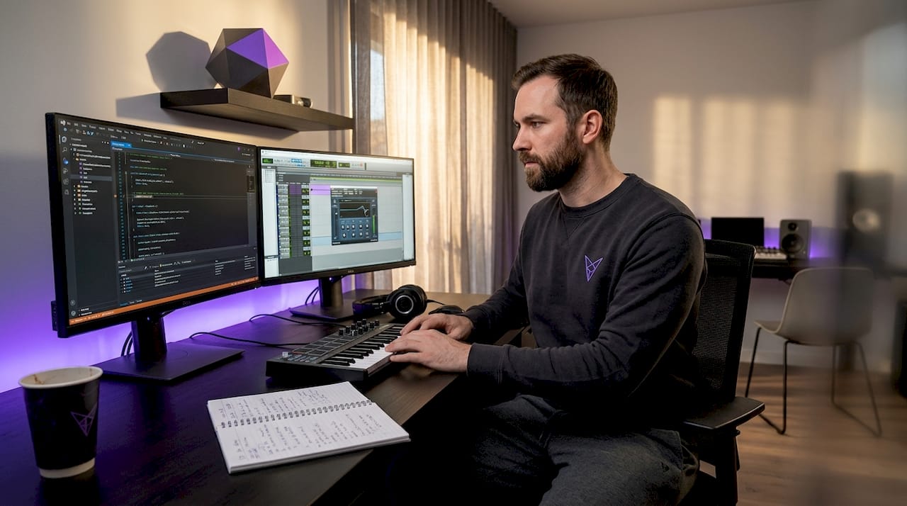 Audio plugin developer at desk debugging in Pro Tools