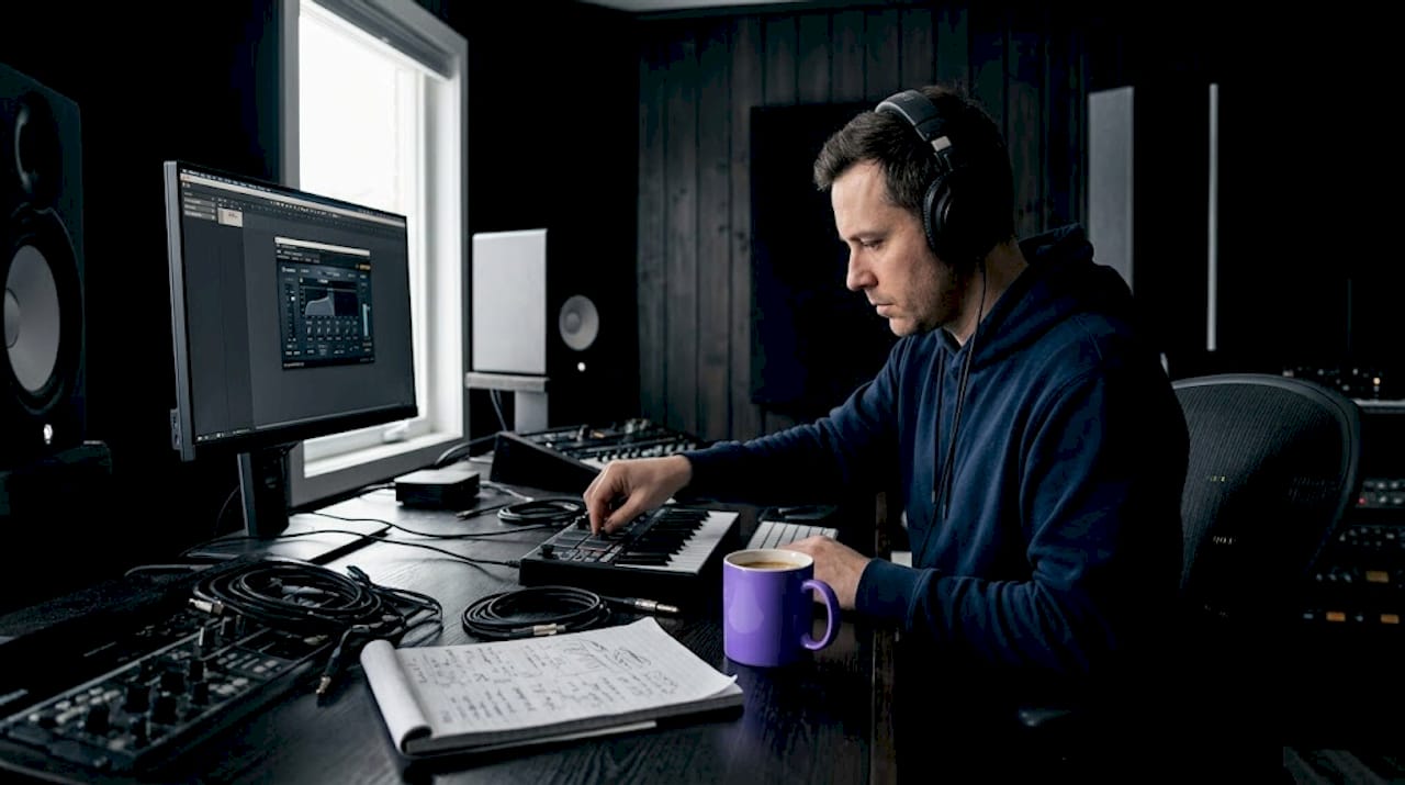 Producer adjusting plugin in cozy home studio
