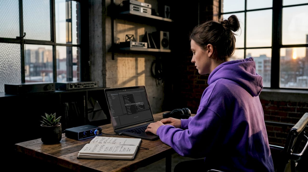 Home producer choosing audio plugin at laptop