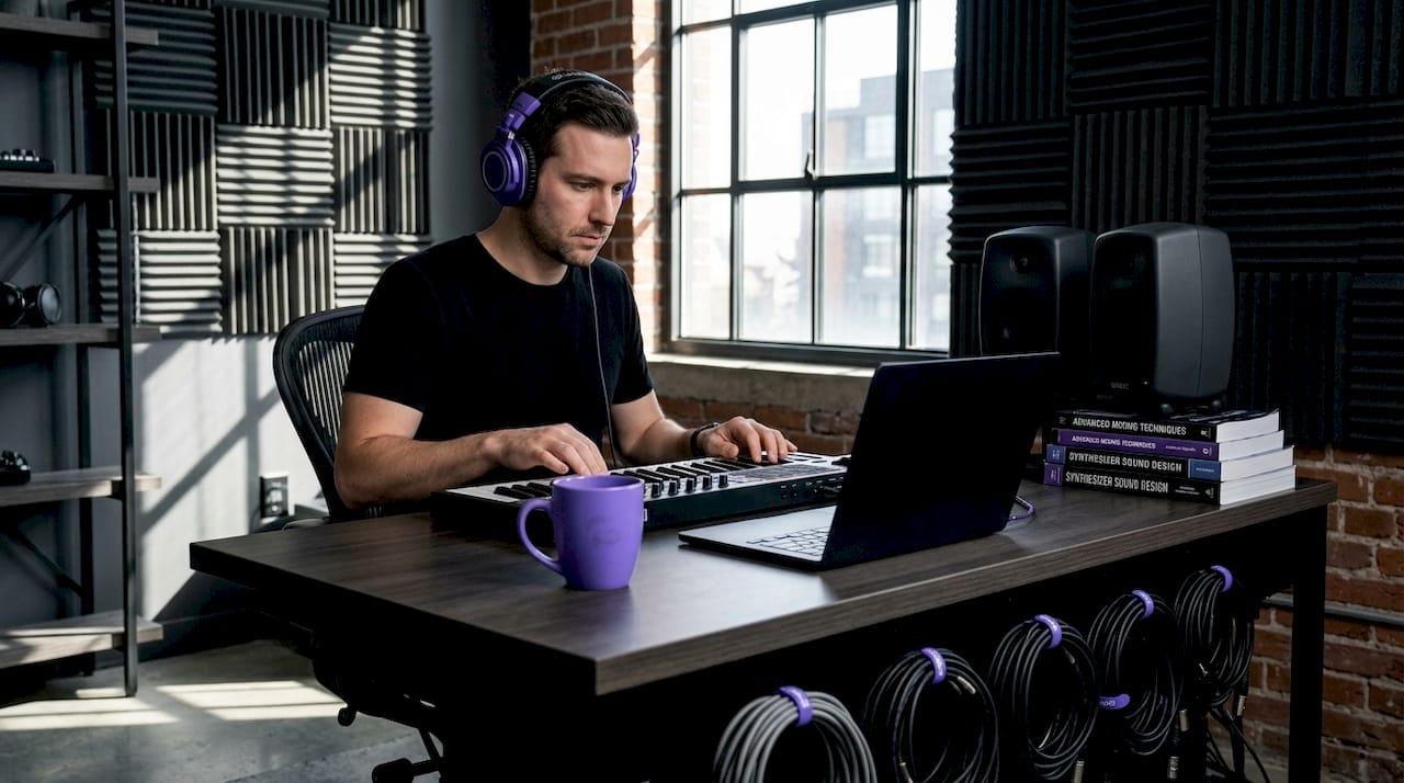 Music producer using studio setup for audio