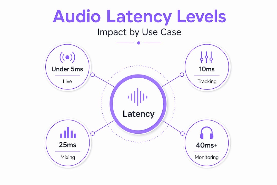 Infographic showing audio latency levels and uses