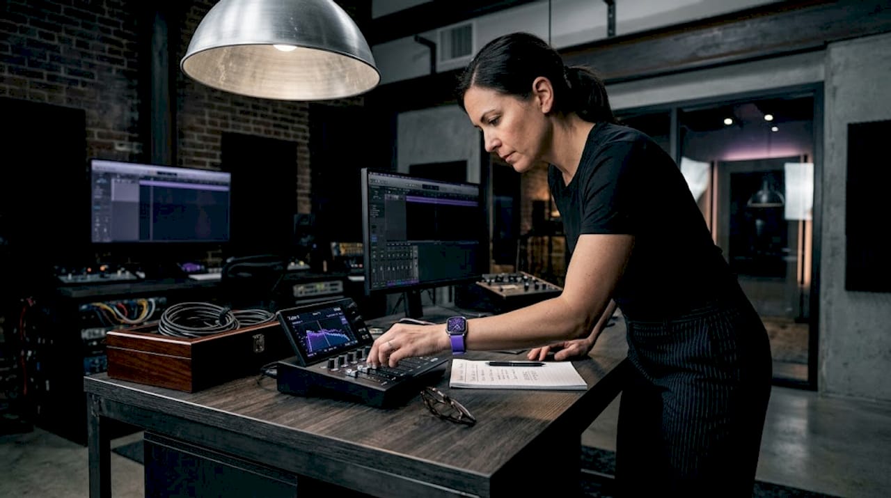Sound technician adjusts spectral masking controls