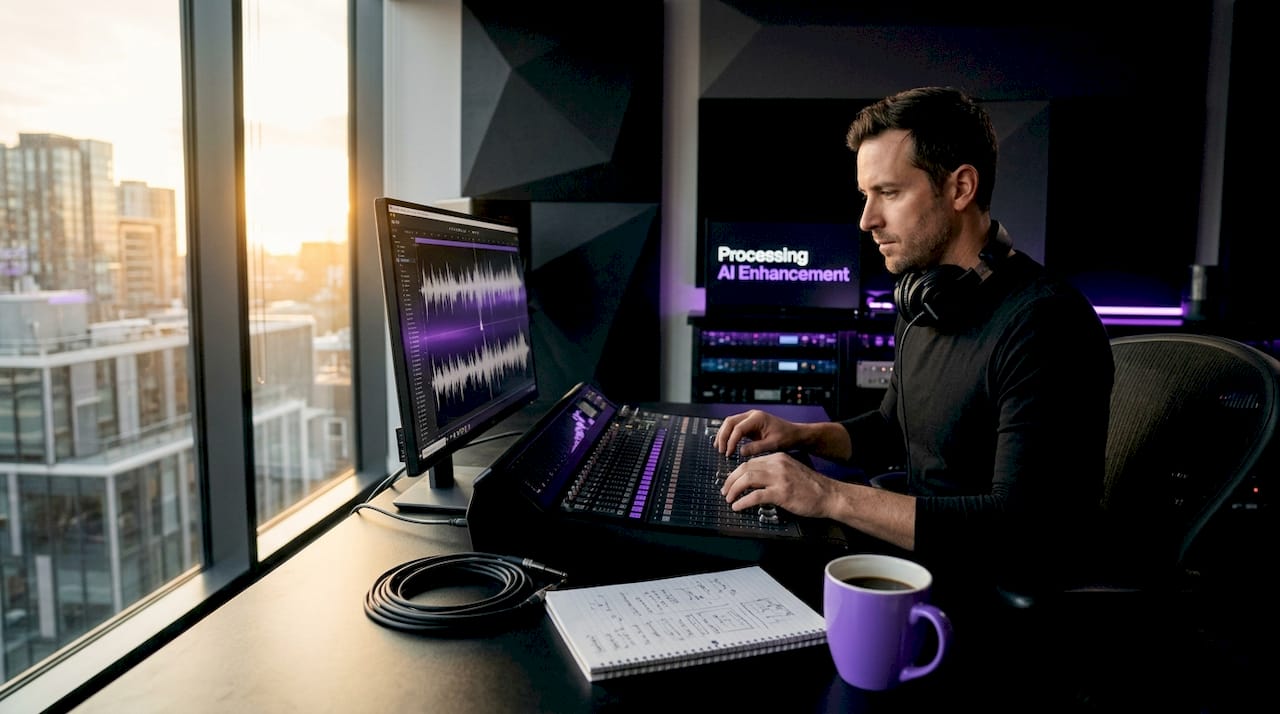 Audio engineer monitors AI waveform in studio