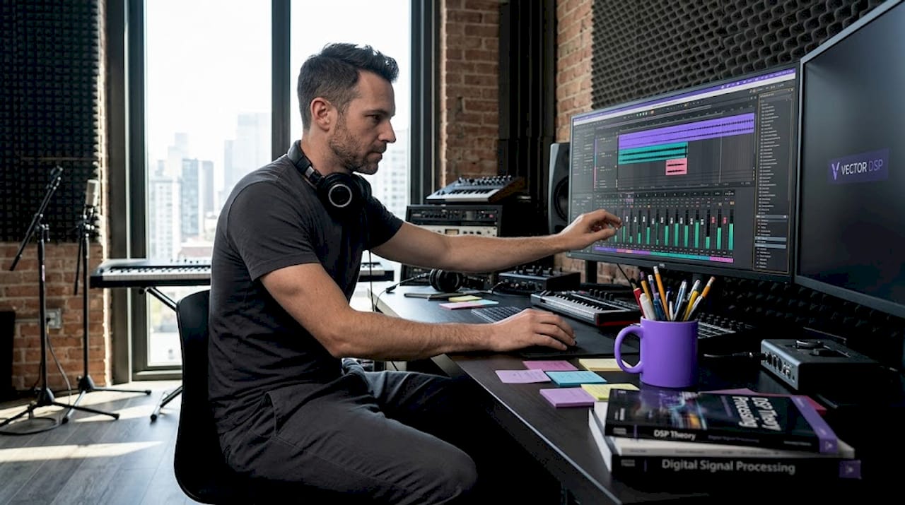 Audio engineer mixing music in home studio