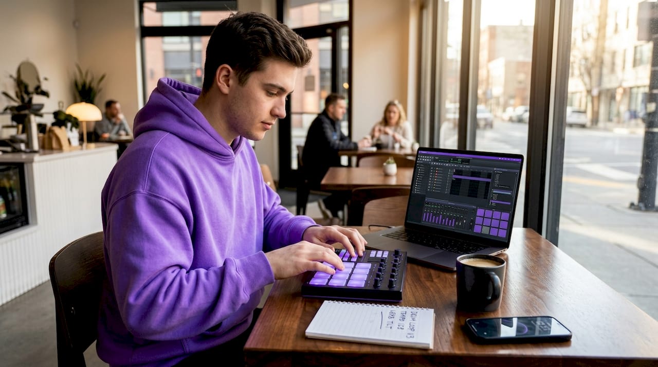 Electronic musician making beats in apartment