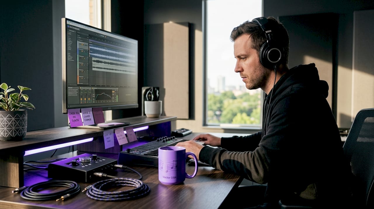 Producer testing audio tools in home studio