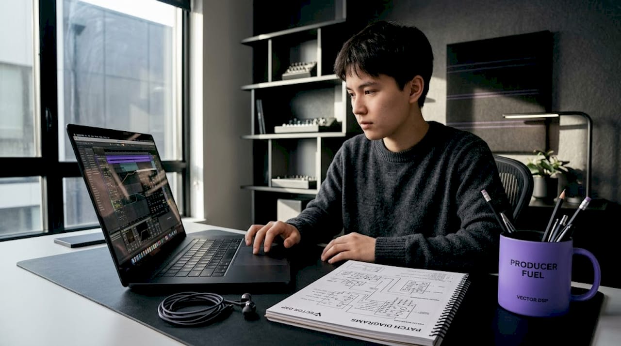 Producer using laptop for music plugins