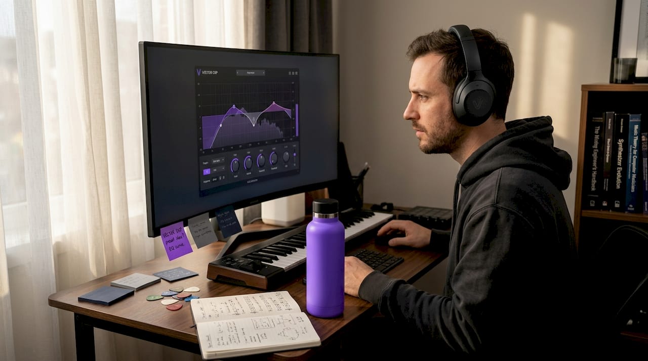Producer tweaking plugin in home studio