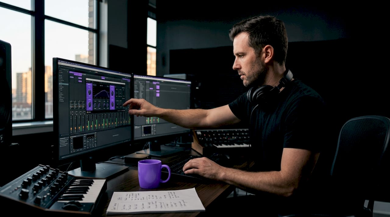Audio engineer working in DSP-focused home studio