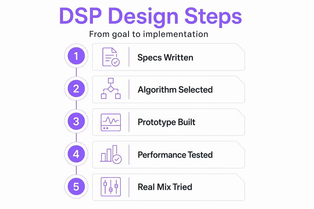 Infographic showing DSP algorithm design workflow steps