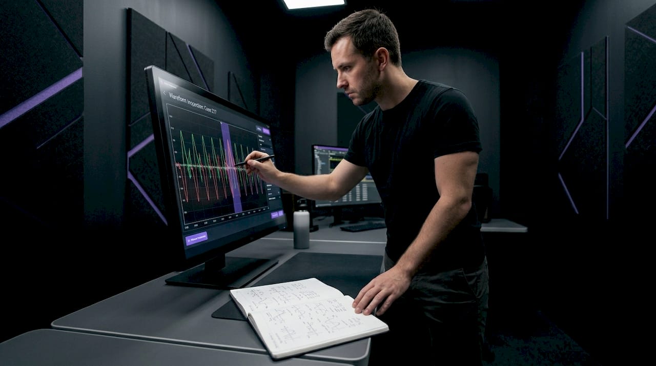 Technician marking audio waveform anomalies