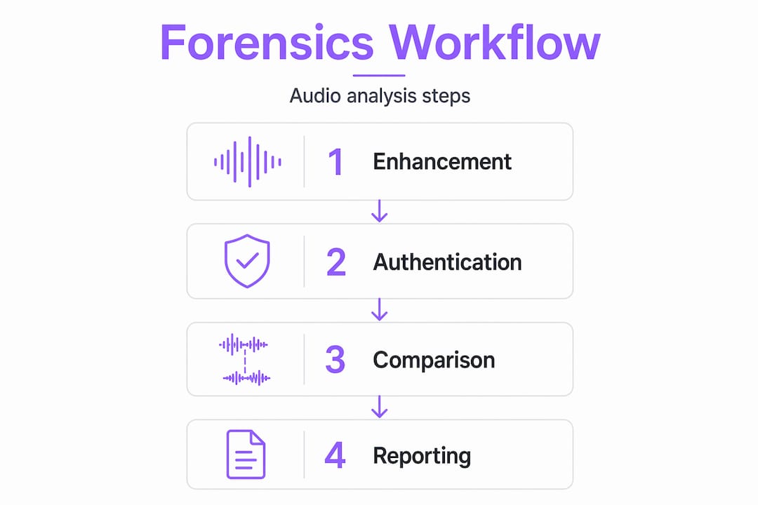 Infographic showing audio forensic workflow steps