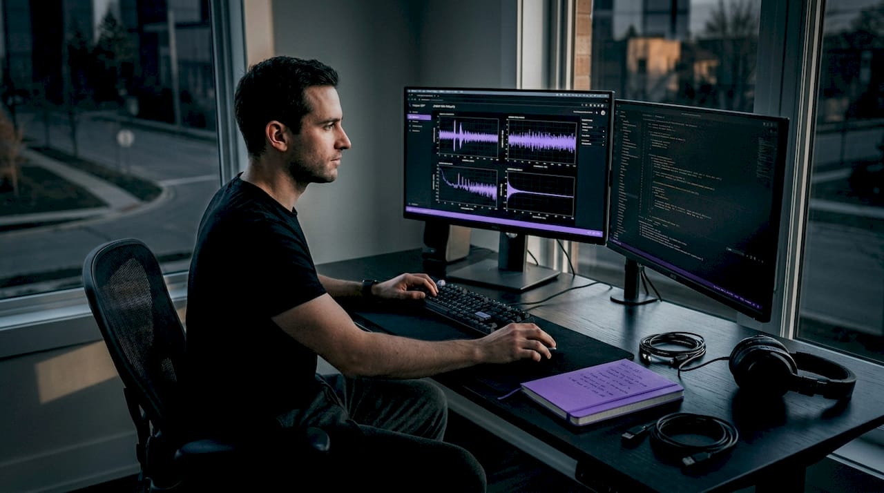 Developer testing audio software at workspace