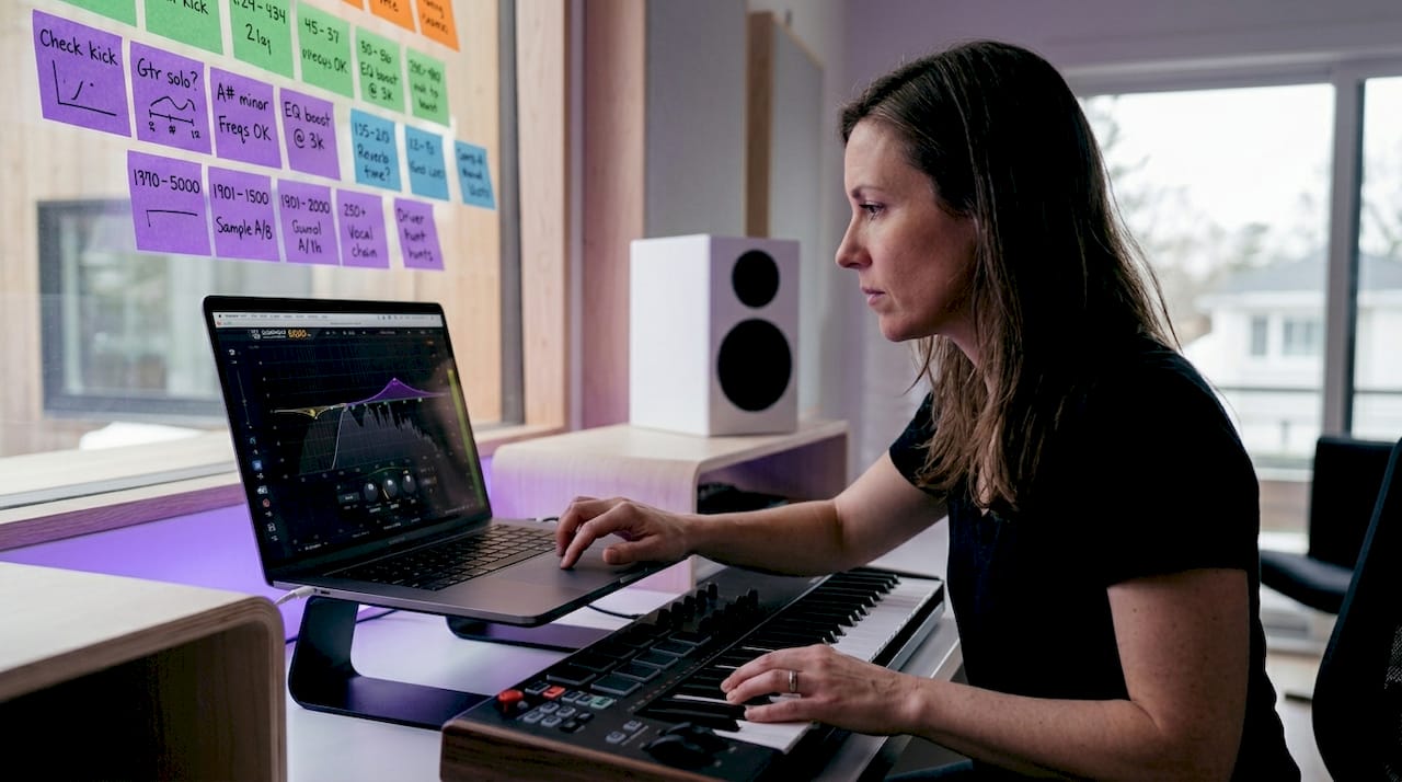 Musician adjusting parametric EQ settings