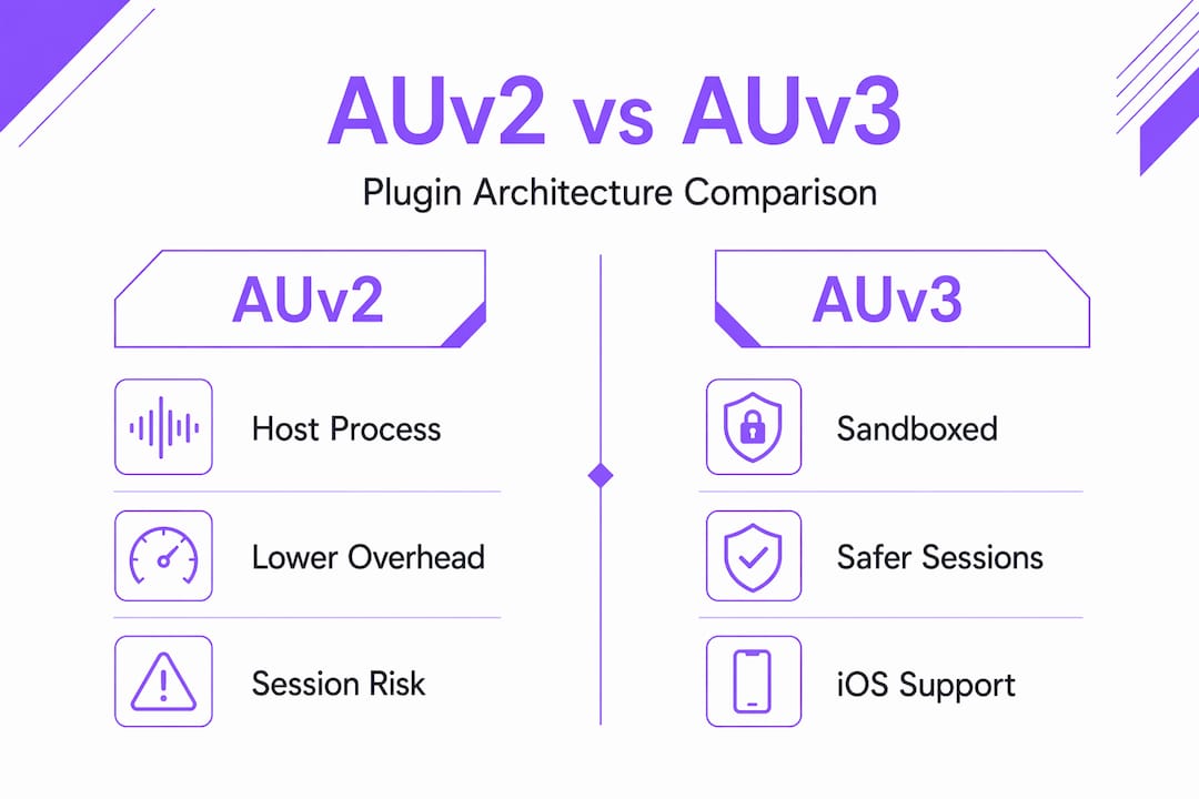 Infographic comparing AUv2 and AUv3 plugin architectures