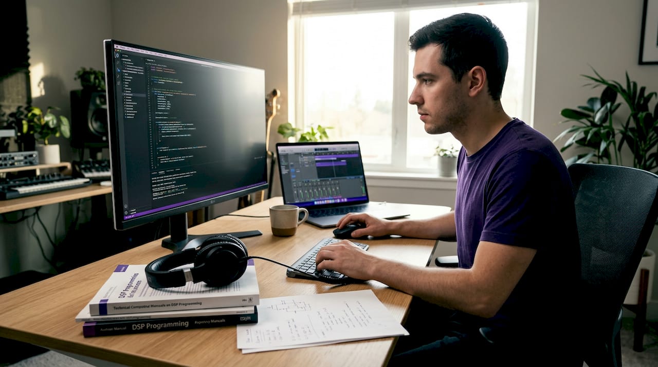 Audio plugin developer working in studio