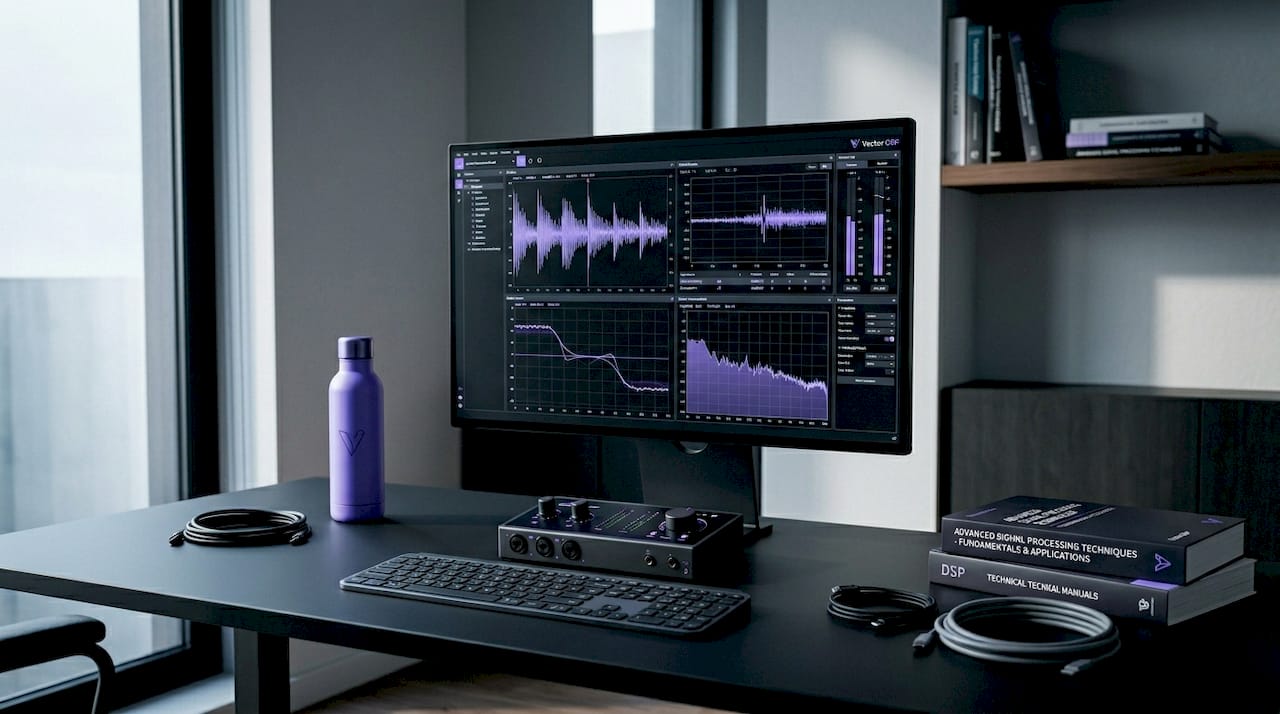 Workspace showing digital signal waveforms on monitor