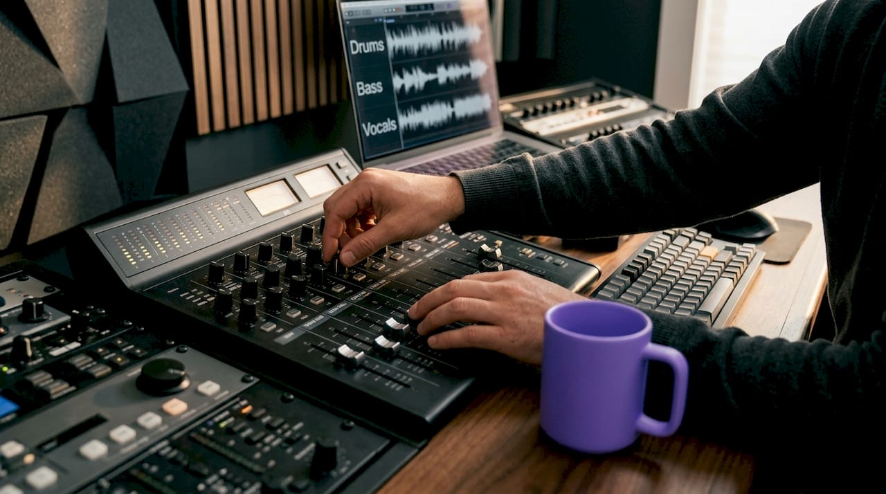 Hands adjusting audio stems on mixing console