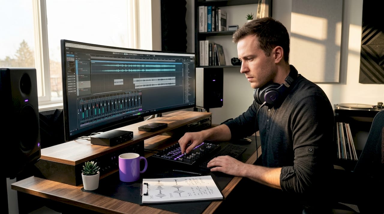 Music producer working in home studio