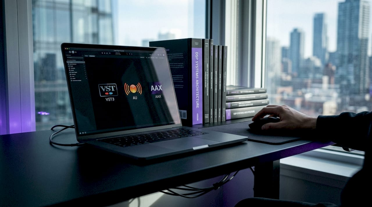 Close-up of laptop showing VST3, AU, and AAX plugin logos