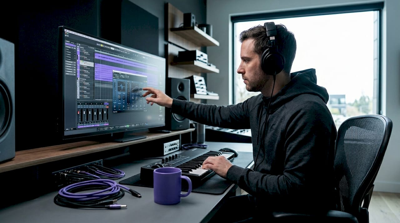 Music producer working with audio plugins in home studio