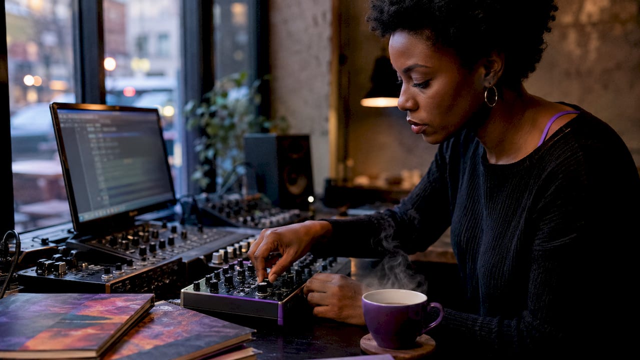 Sound designer working at mixing console in studio