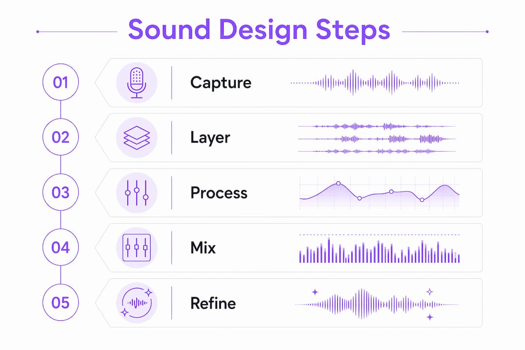 Infographic illustrating key sound design workflow steps