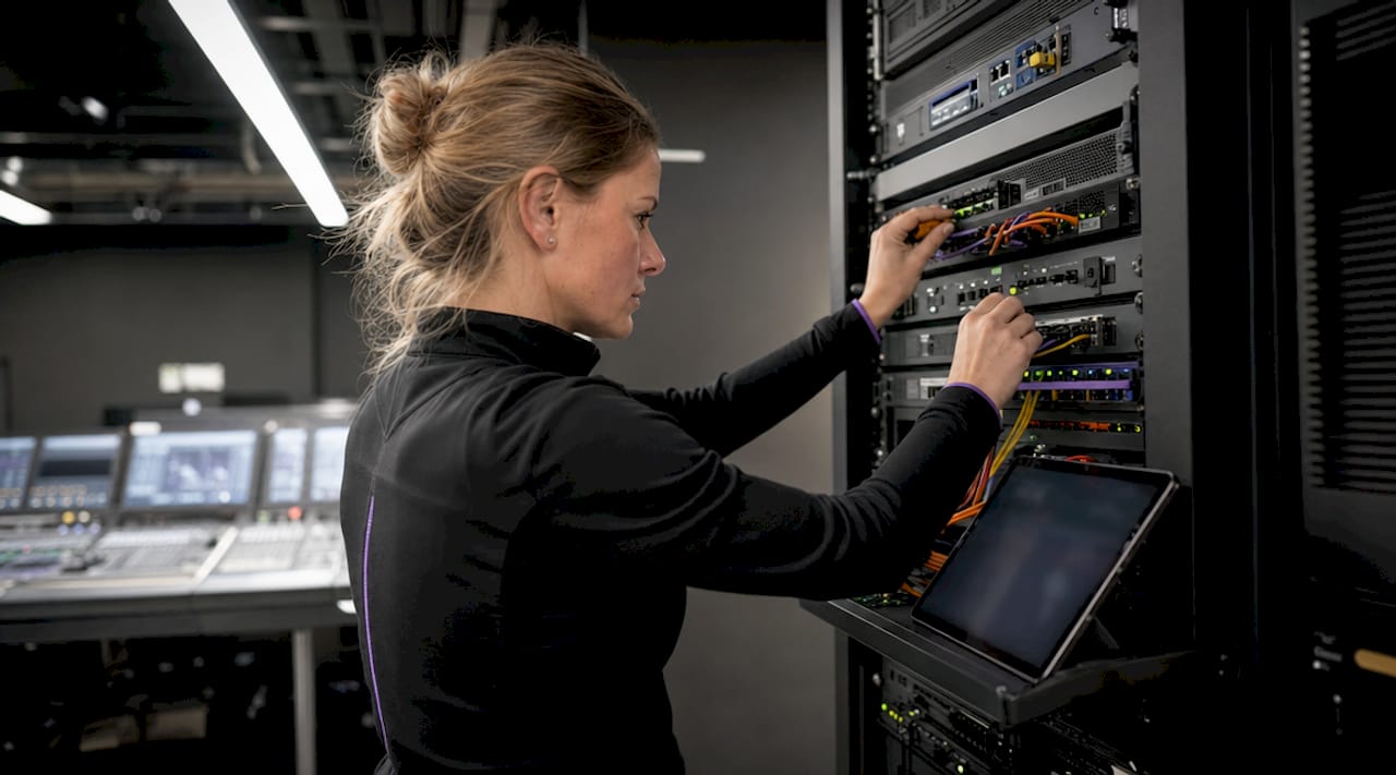 Audio technician adjusting network switches