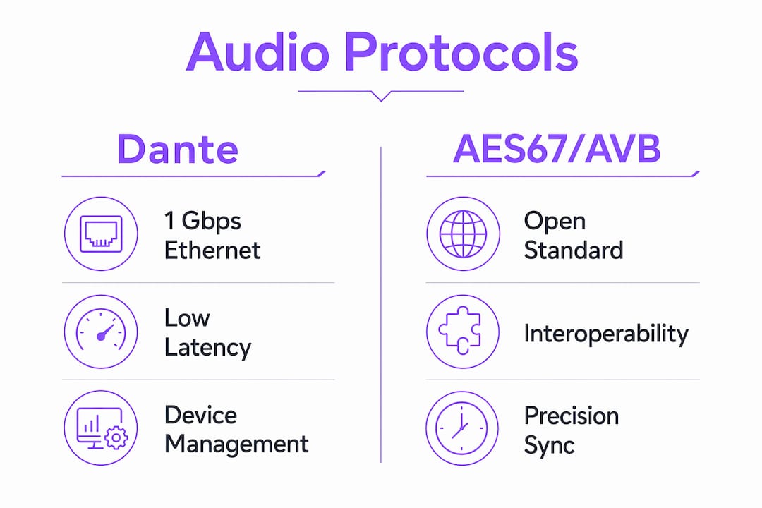 Infographic comparing Dante and AES67 AVB protocols in audio networking