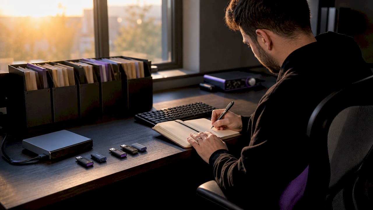 Hands organizing plugin folder structure on desk