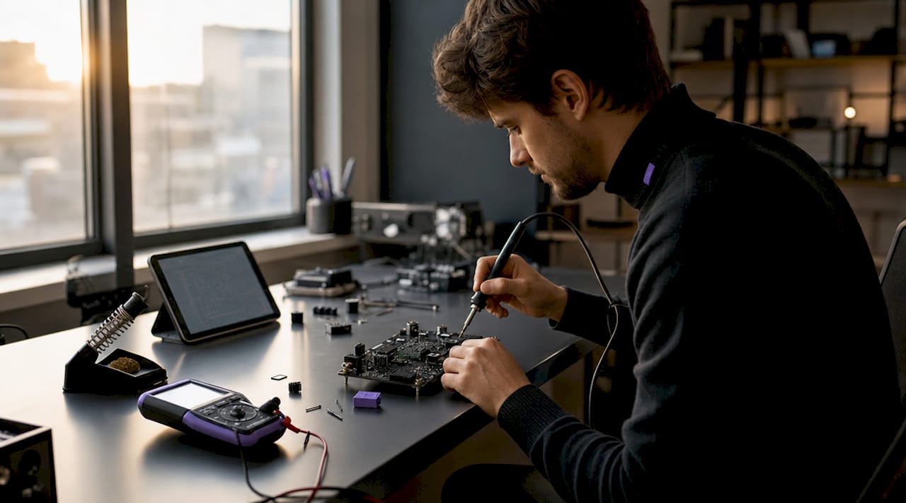 Engineer adjusting digital signal processing hardware board
