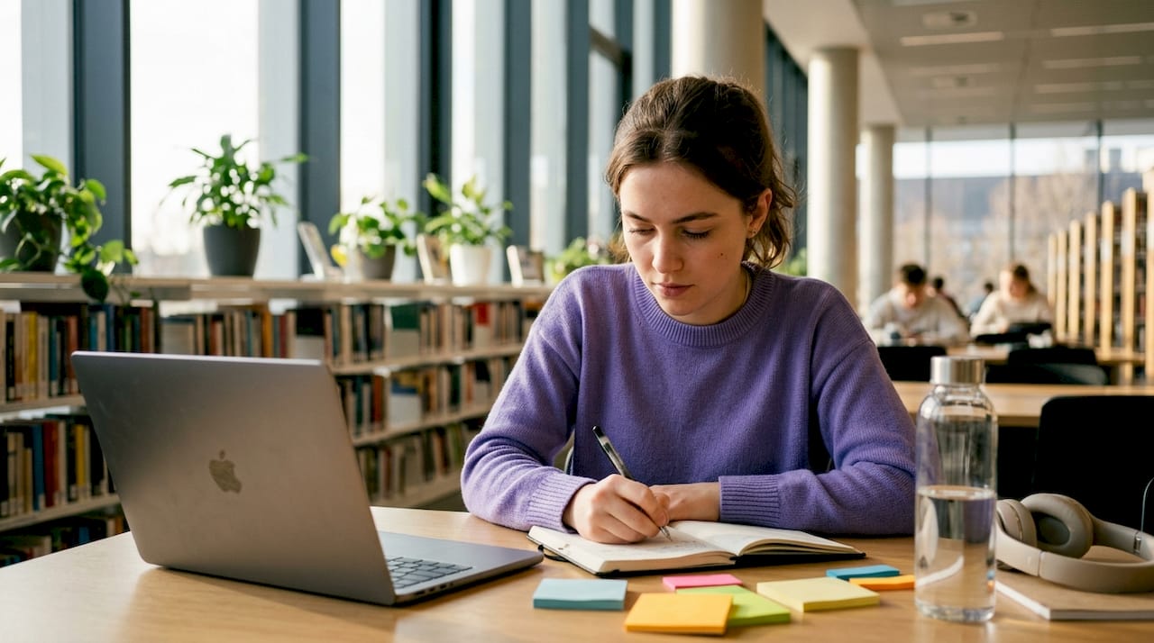 Student studying digital signal processing notes at desk