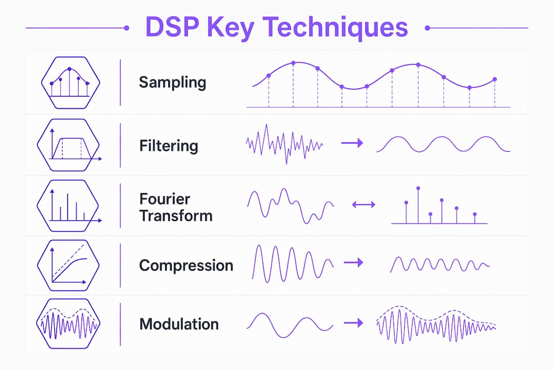 Infographic illustrating key digital signal processing techniques