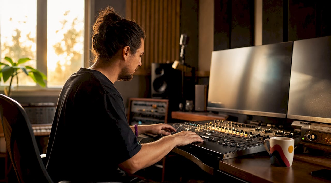 Hands mixing music in home studio setup
