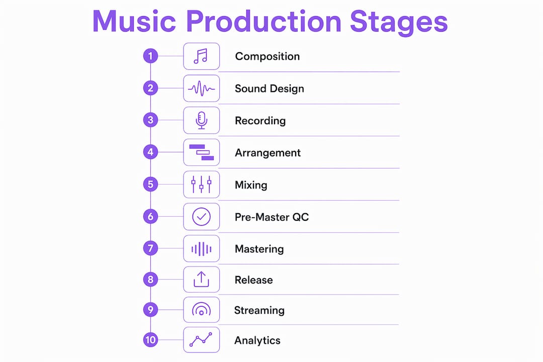 Infographic detailing the music production workflow stages