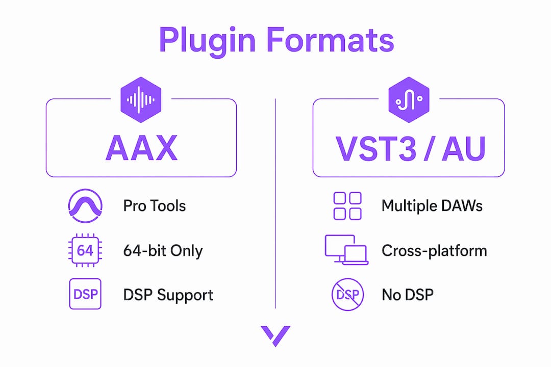 Infographic comparing AAX, VST3, and AU plugin formats