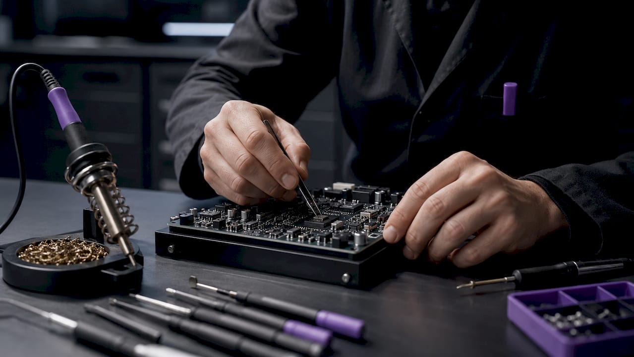 Technician assembling hardware signal processor circuit board