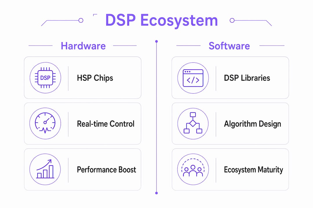 Infographic comparing DSP hardware and software components