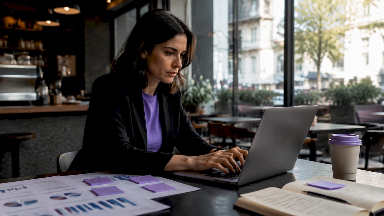 Data scientist typing at laptop in workspace
