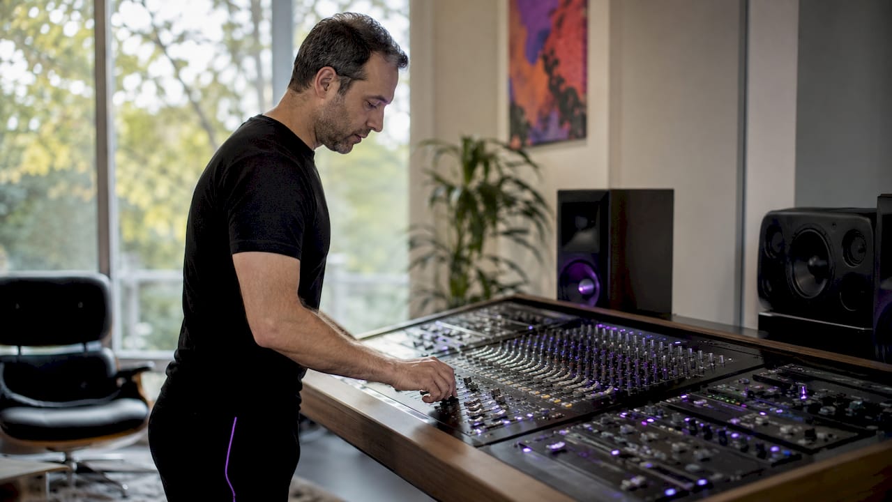 Audio engineer working with hardware audio processing rig