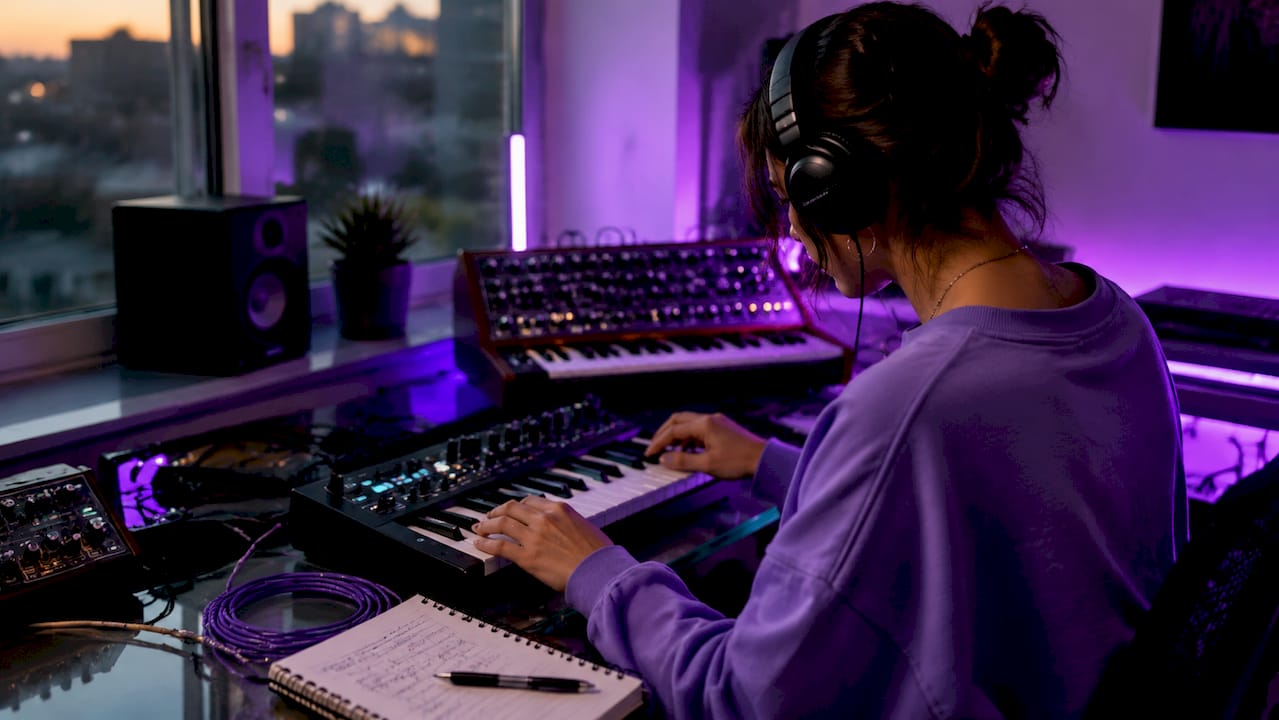 Music producer using MIDI keyboard in studio