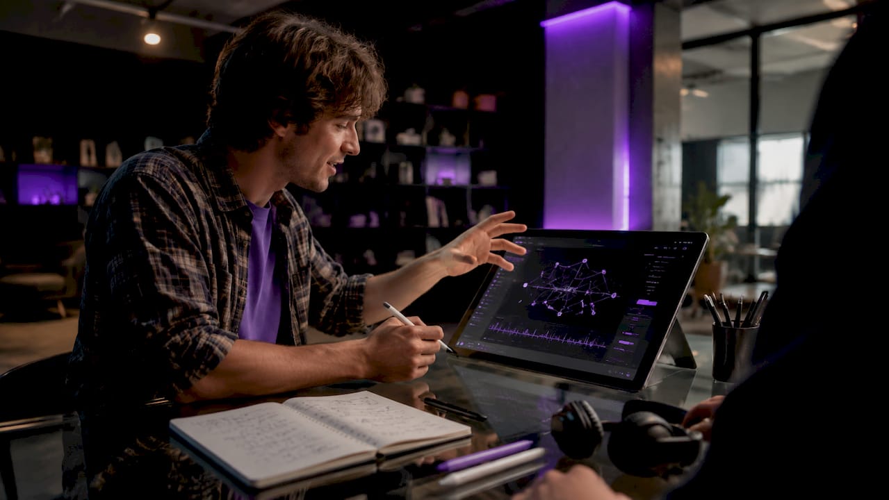 Hands pointing at neural audio model schematics tablet