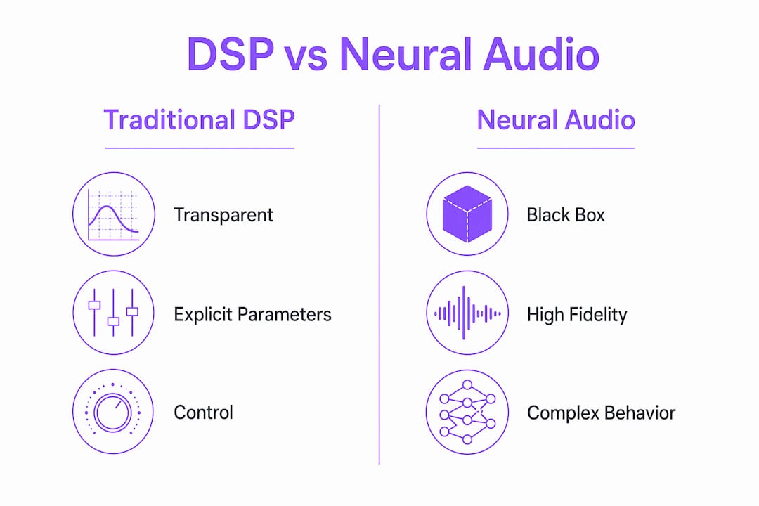 Infographic comparing traditional DSP and neural audio methods