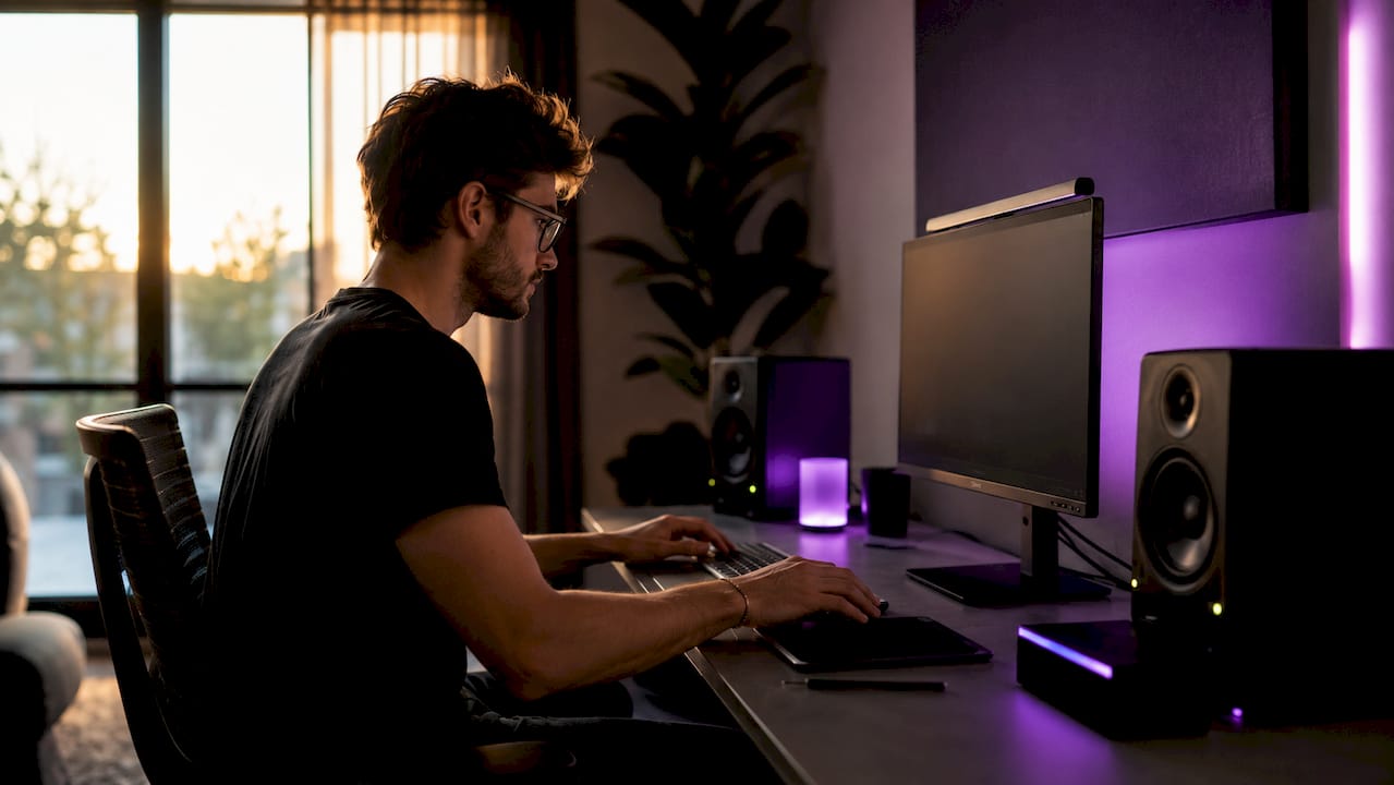 Audio developer working on VST3 plugin at home studio desk