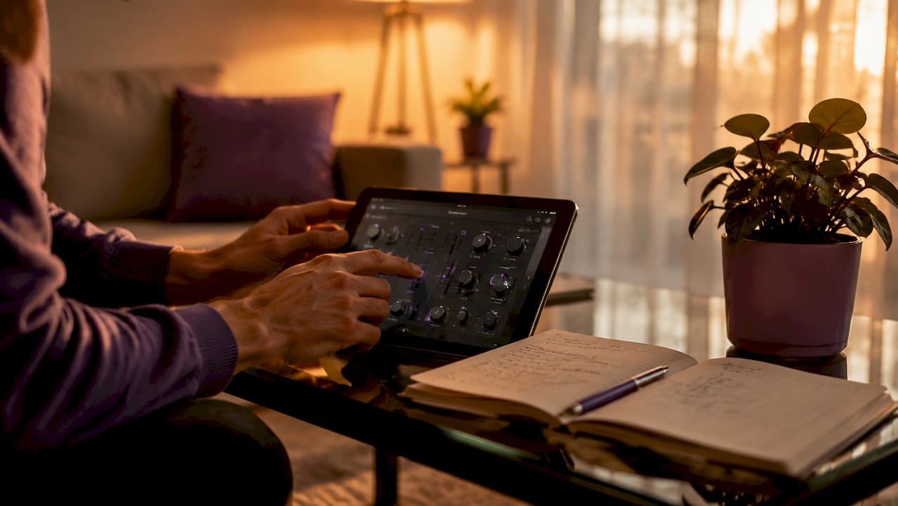 Hands using tablet showing audio plugin and invoice