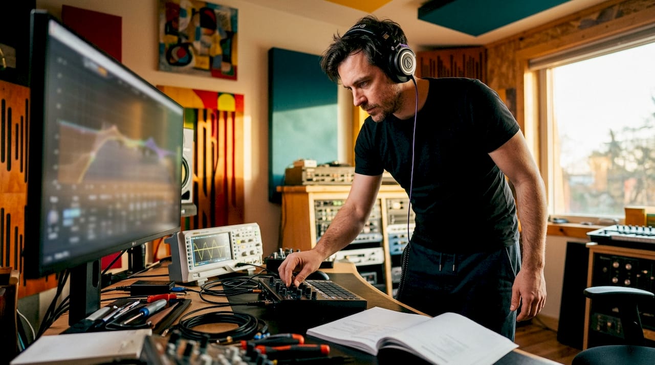 Audio engineer adjusting DSP settings at mixing desk
