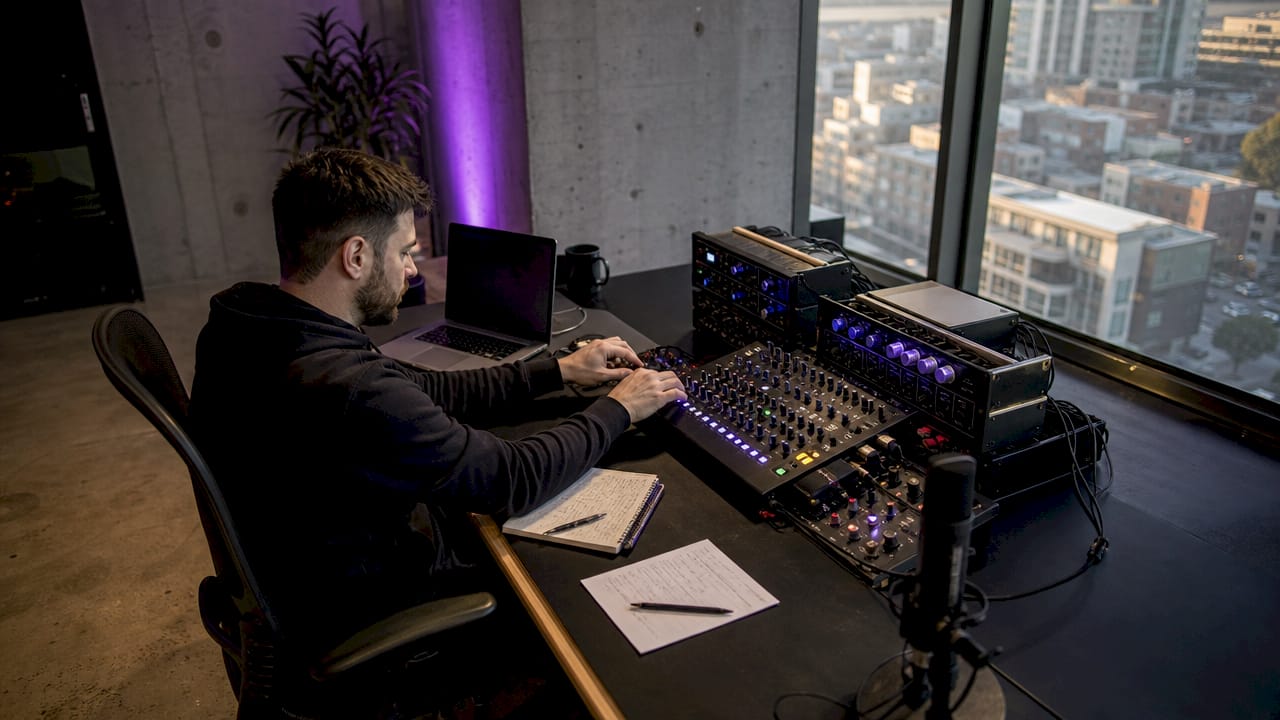 Audio engineer working with hardware accelerator in studio