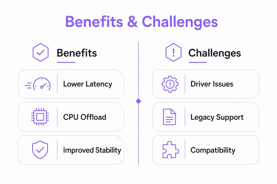 Infographic showing benefits and challenges of audio hardware acceleration