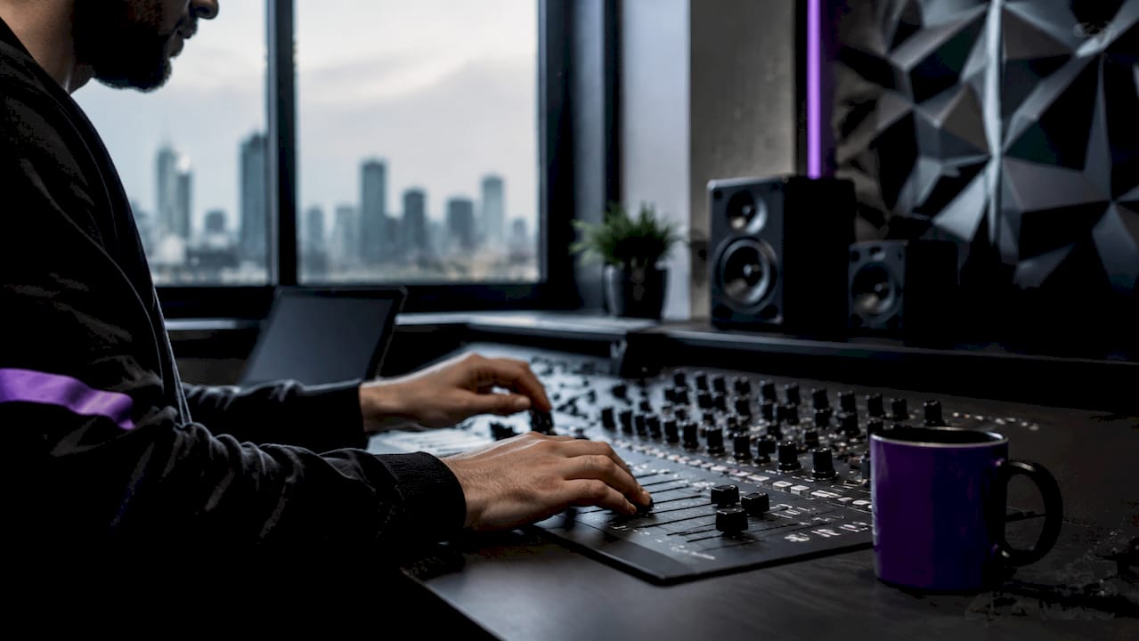 Hands adjusting audio mixing console controls
